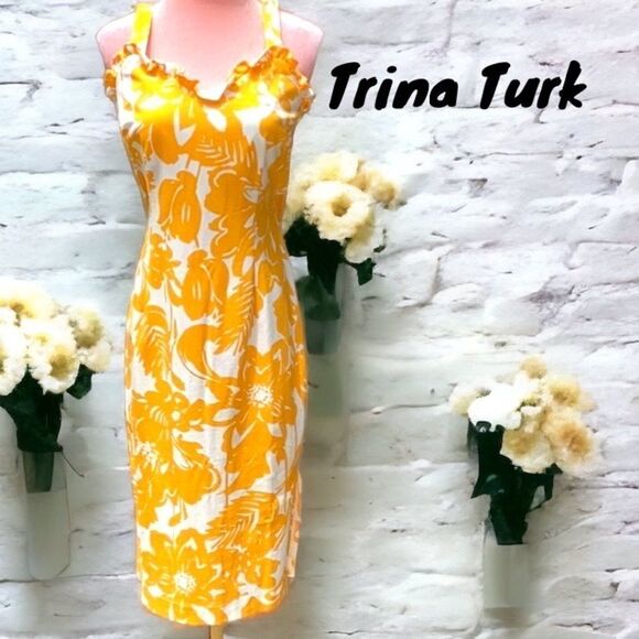 TRINA TURK NWT SIZE 6 SUN DRESS ORANGE/WHITE FLORAL PRINT - Picture 2 of 10